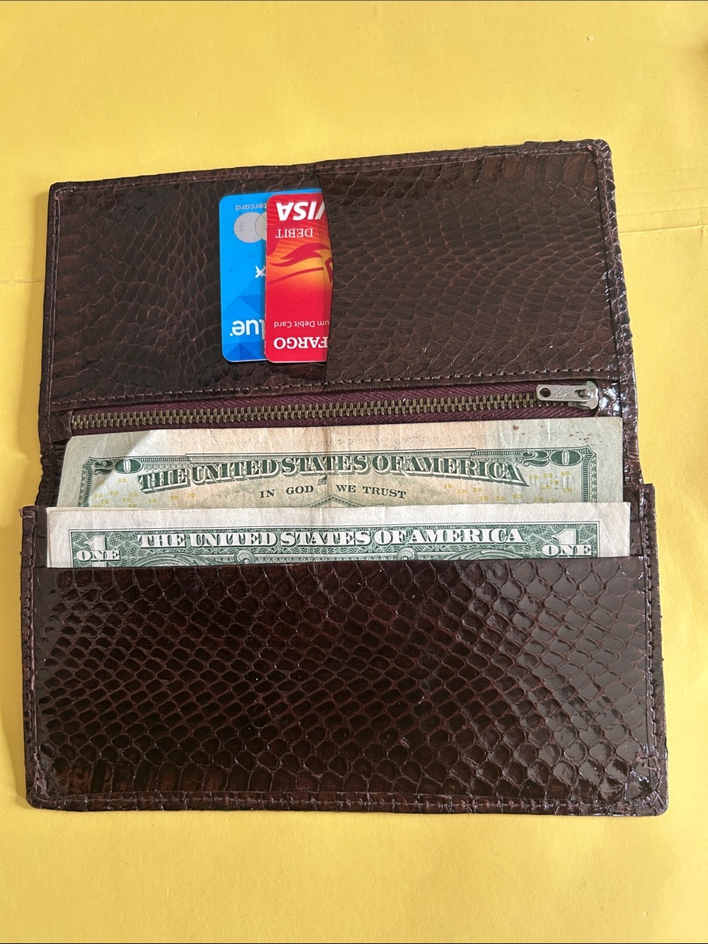 Python Snakeskin Long bifold Wallet in Dark Brown